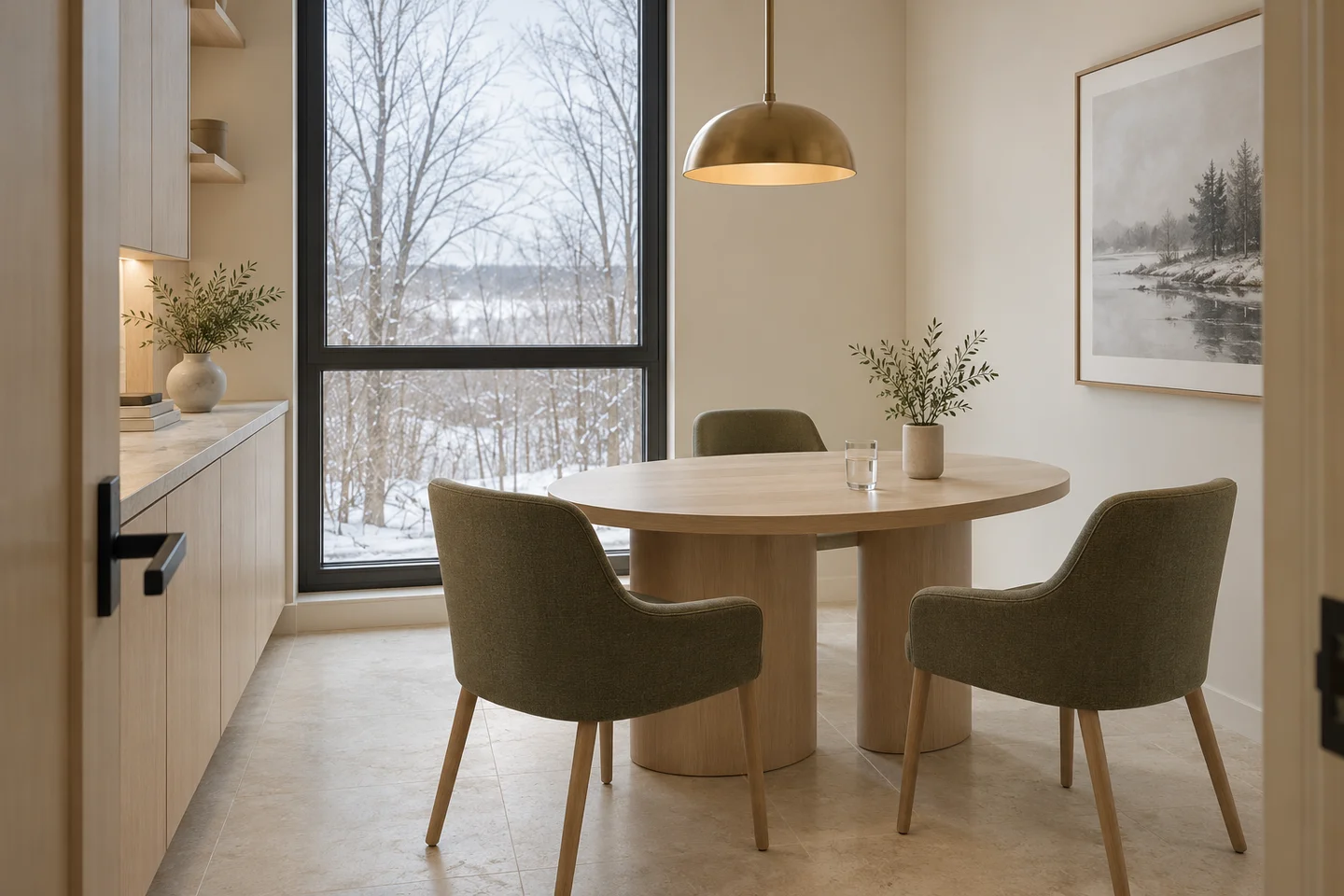 Generated view of a consultation room with a pale ash table, olive chairs and snowy trees beyond dark-framed windows