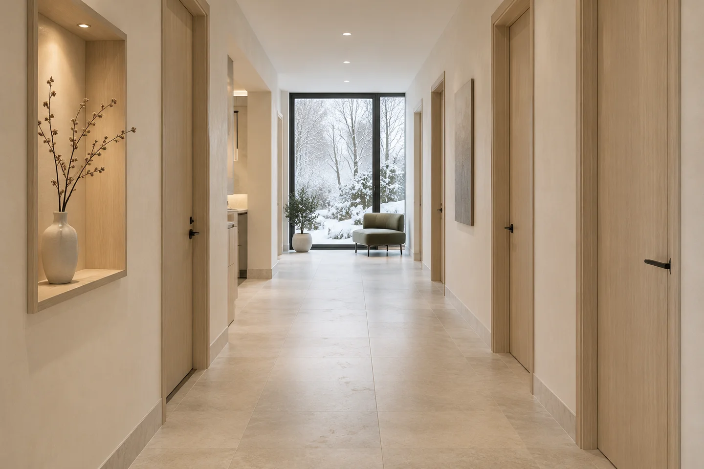 Generated view of a pale ash and limestone clinic corridor with a softly lit niche and winter garden window