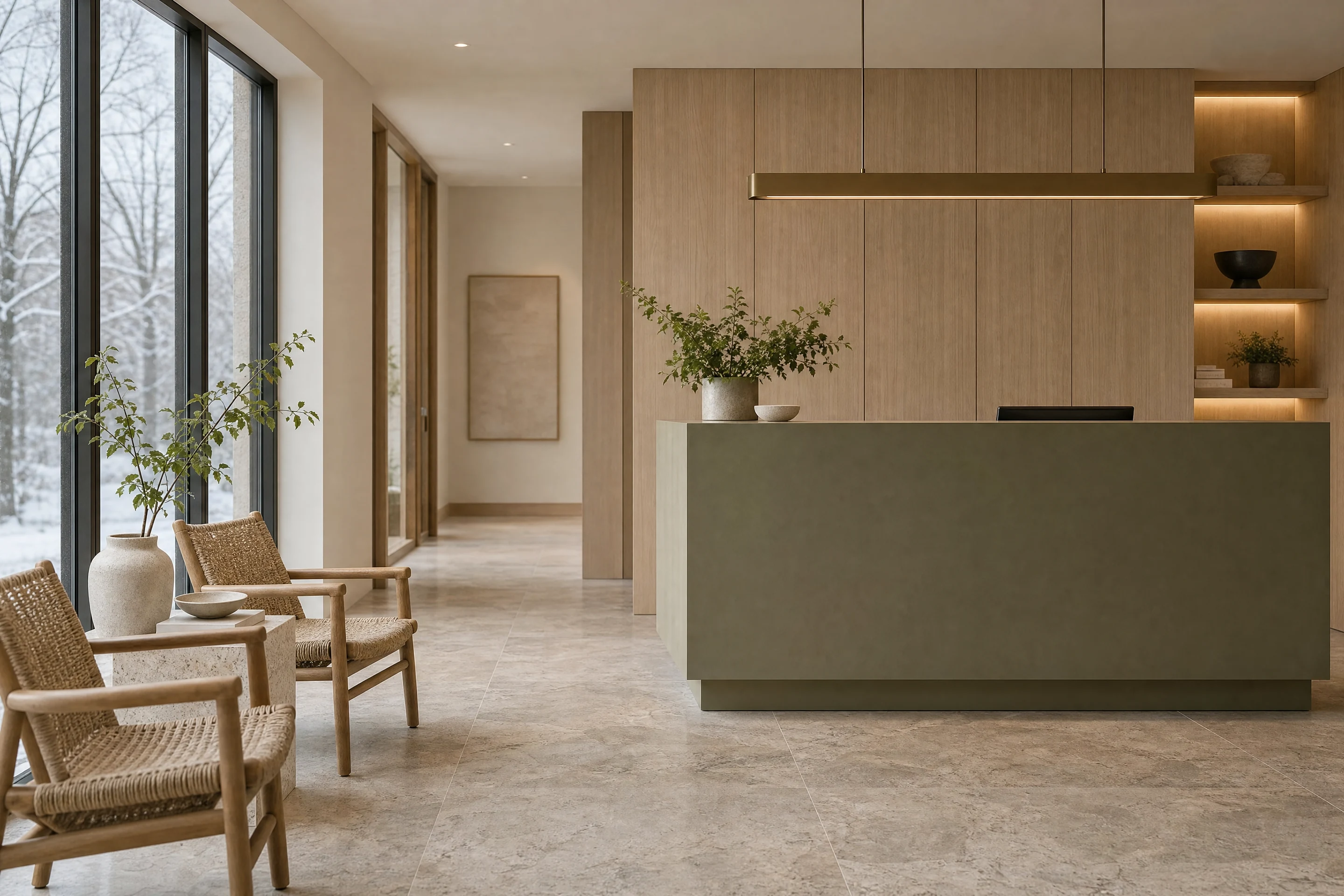 Illustrative dental reception with pale timber, warm stone and an olive green desk