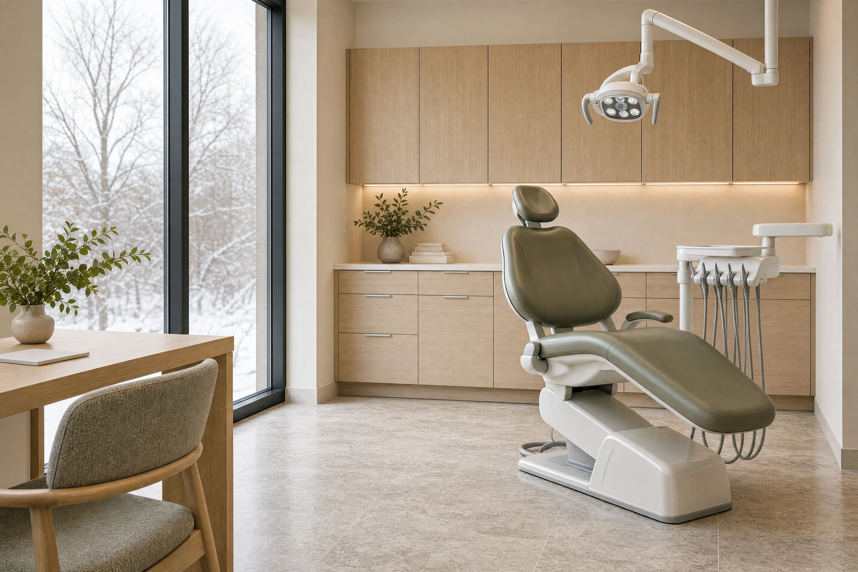Illustrative treatment room with an olive chair and soft winter daylight