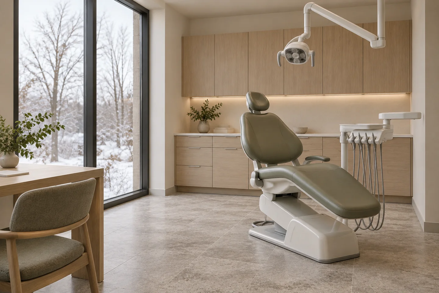 Illustrative treatment room with an olive chair and pale timber.