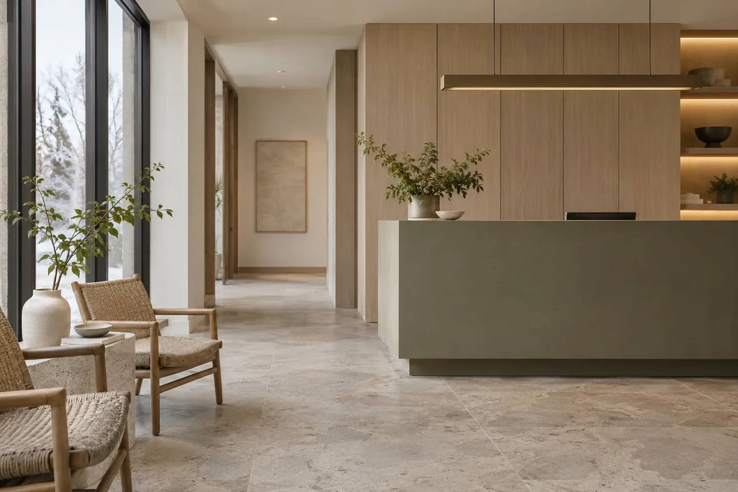 Illustrative dental reception with pale timber, warm stone and an olive green desk