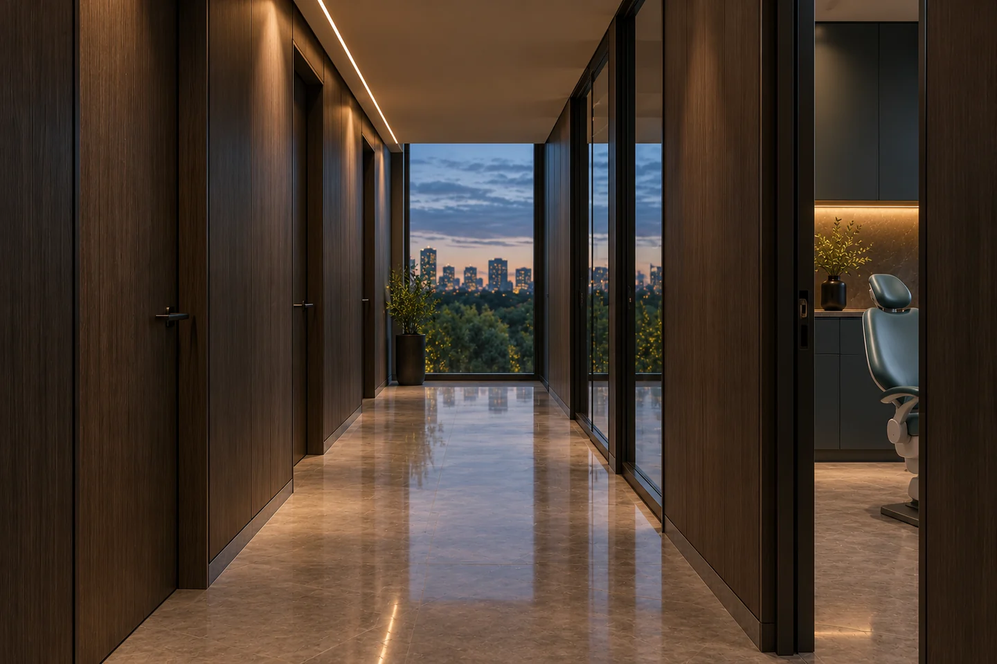 Generated view along a smoked-oak clinic corridor, with a glimpse of a treatment chair and a softly lit window at the far end.