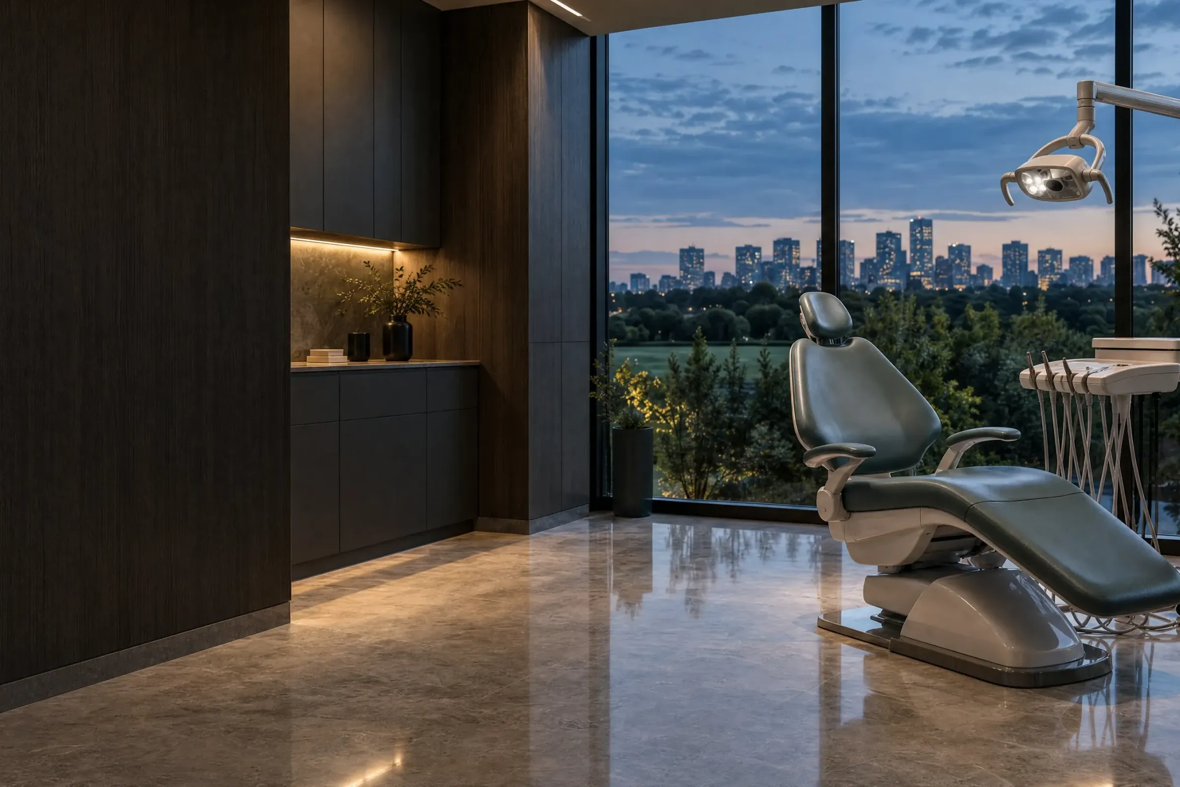 An imagined Alder Dental treatment room with teal-grey upholstery, warm oak, and a view of trees at dusk.