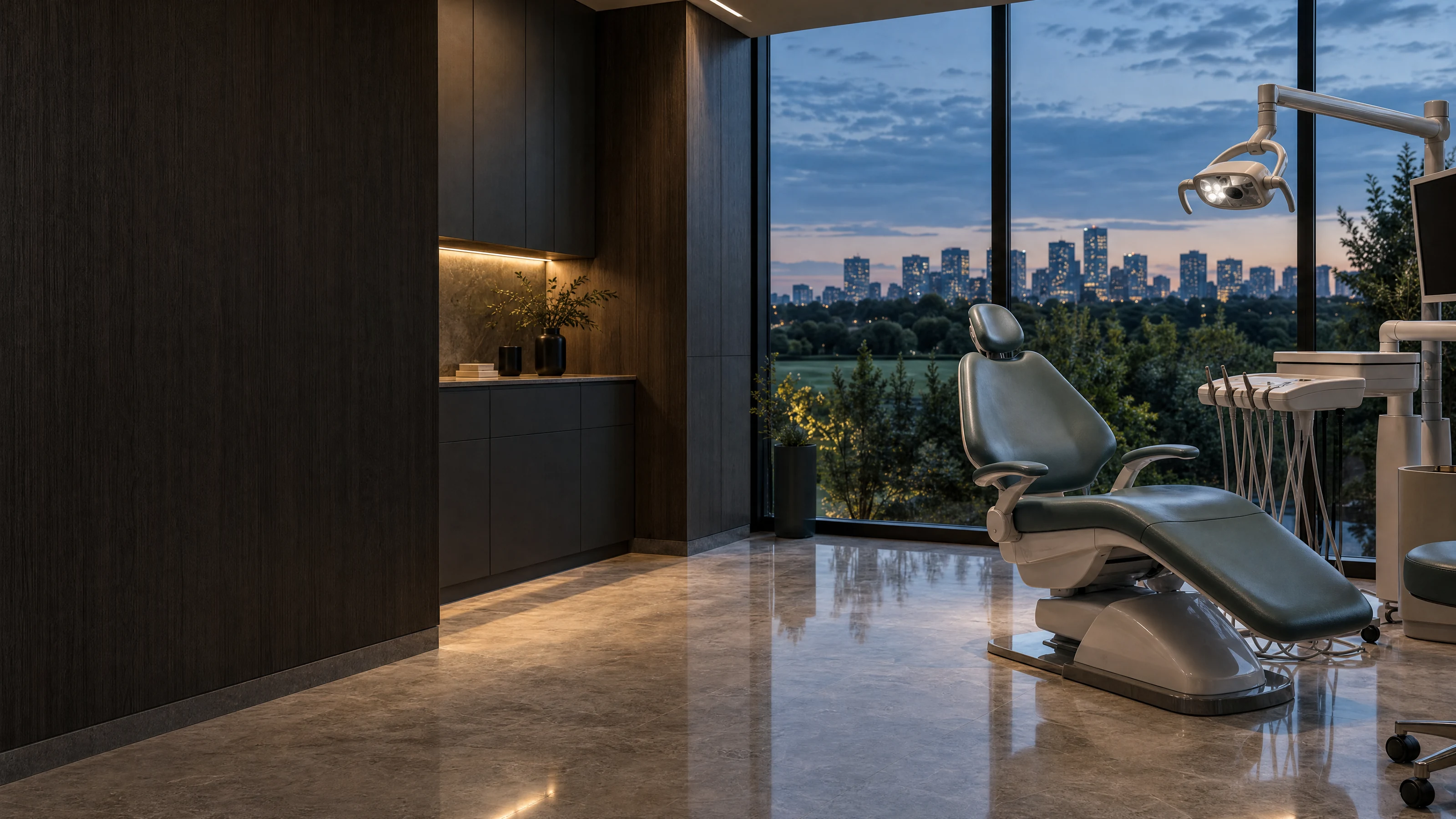 Generated view of the imagined treatment room, with a teal-grey dental chair and trees beyond the window.