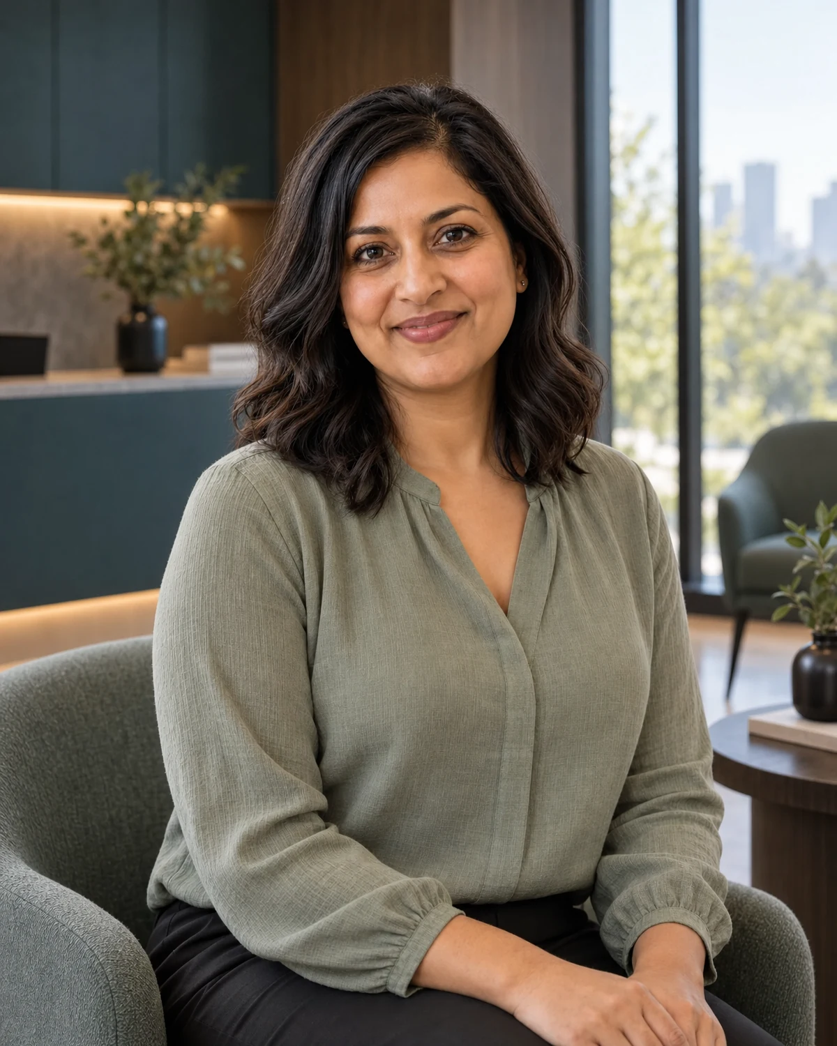 Generated portrait of fictional patient care coordinator Samira Patel in the Room to Breathe clinic