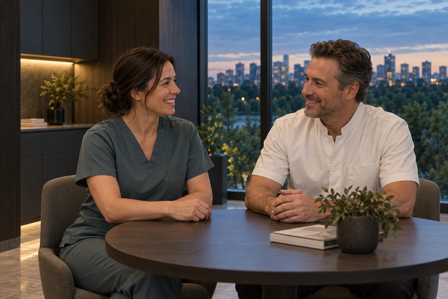 Two fictional dental team members in conversation beside the clinic window. Generated demonstration image.