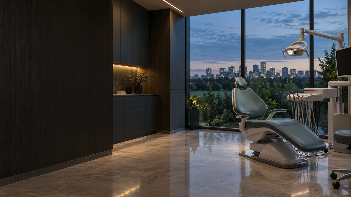 An imagined Alder Dental treatment room with teal-grey upholstery, warm oak, and a view of trees at dusk.