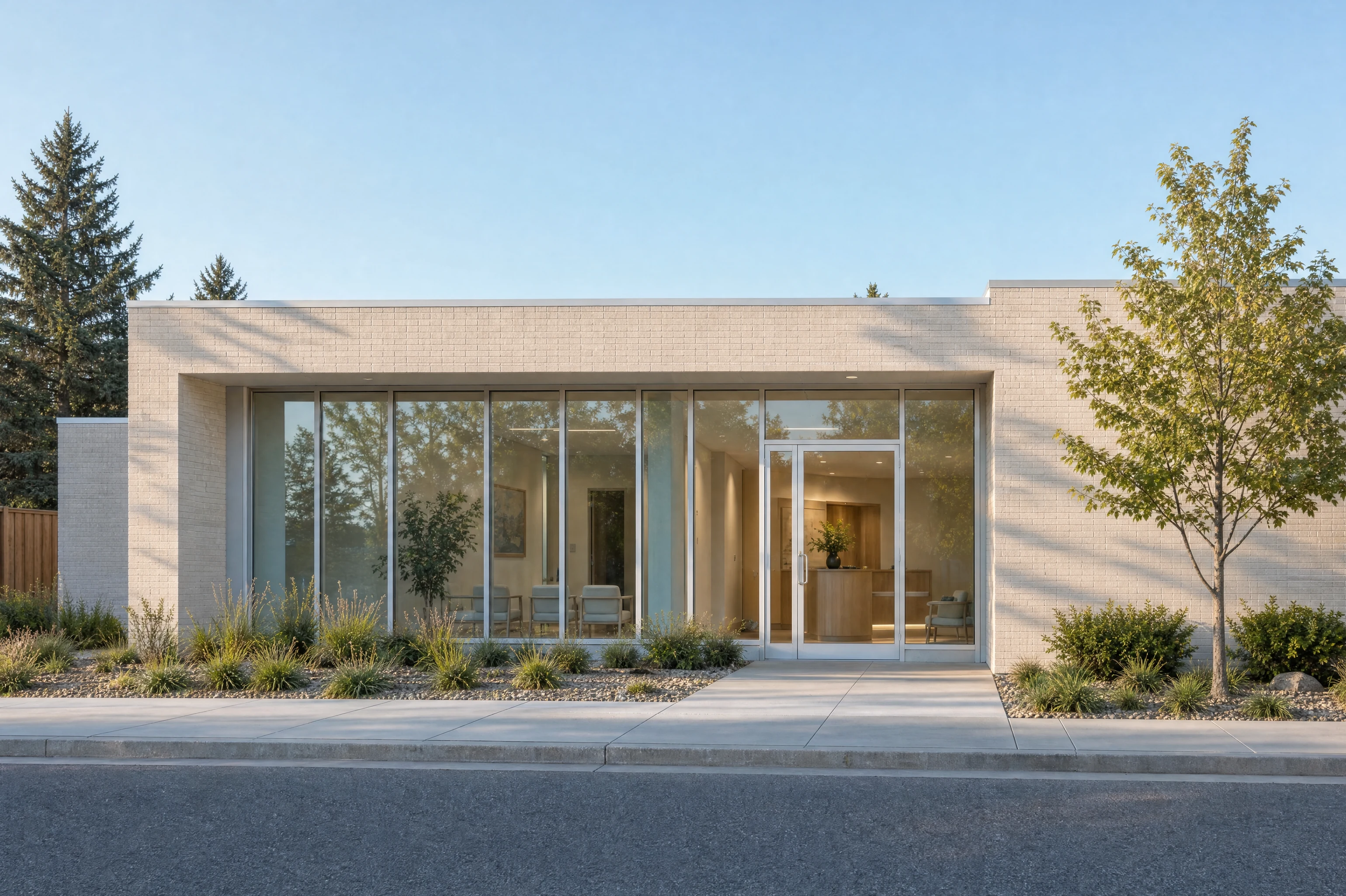 Generated view of a low-rise Calgary dental clinic with pale brick, broad silver-frame windows and prairie landscaping