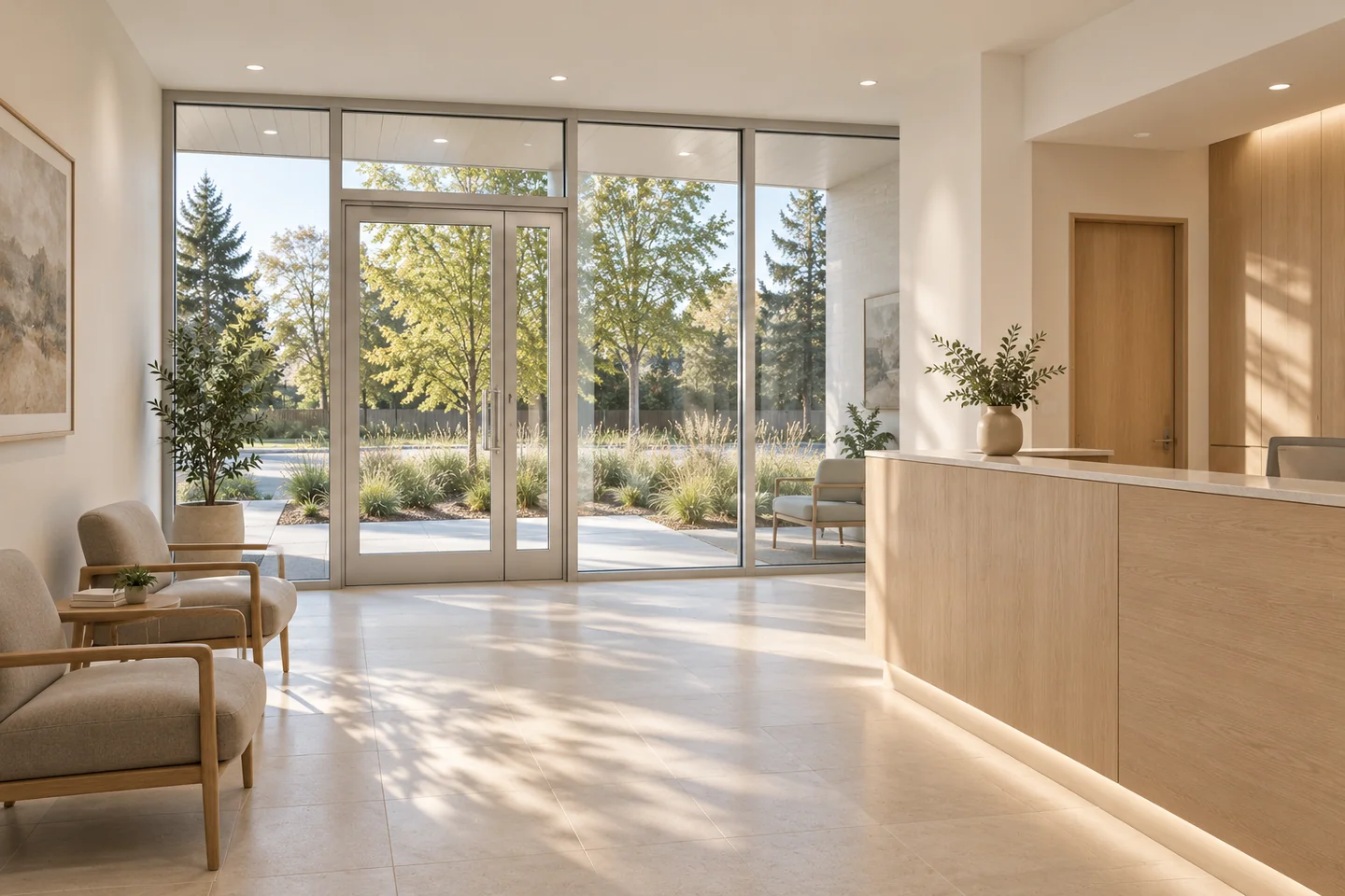 Generated demonstration reception with pale oak, natural light and a view of a planted garden.