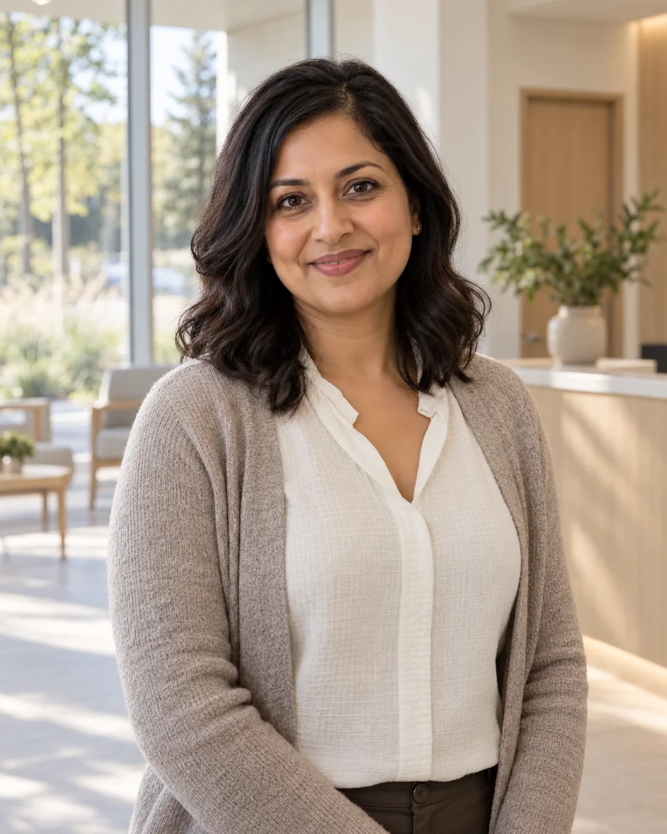 Generated portrait of fictional patient care coordinator Samira Patel in the A Clear View clinic