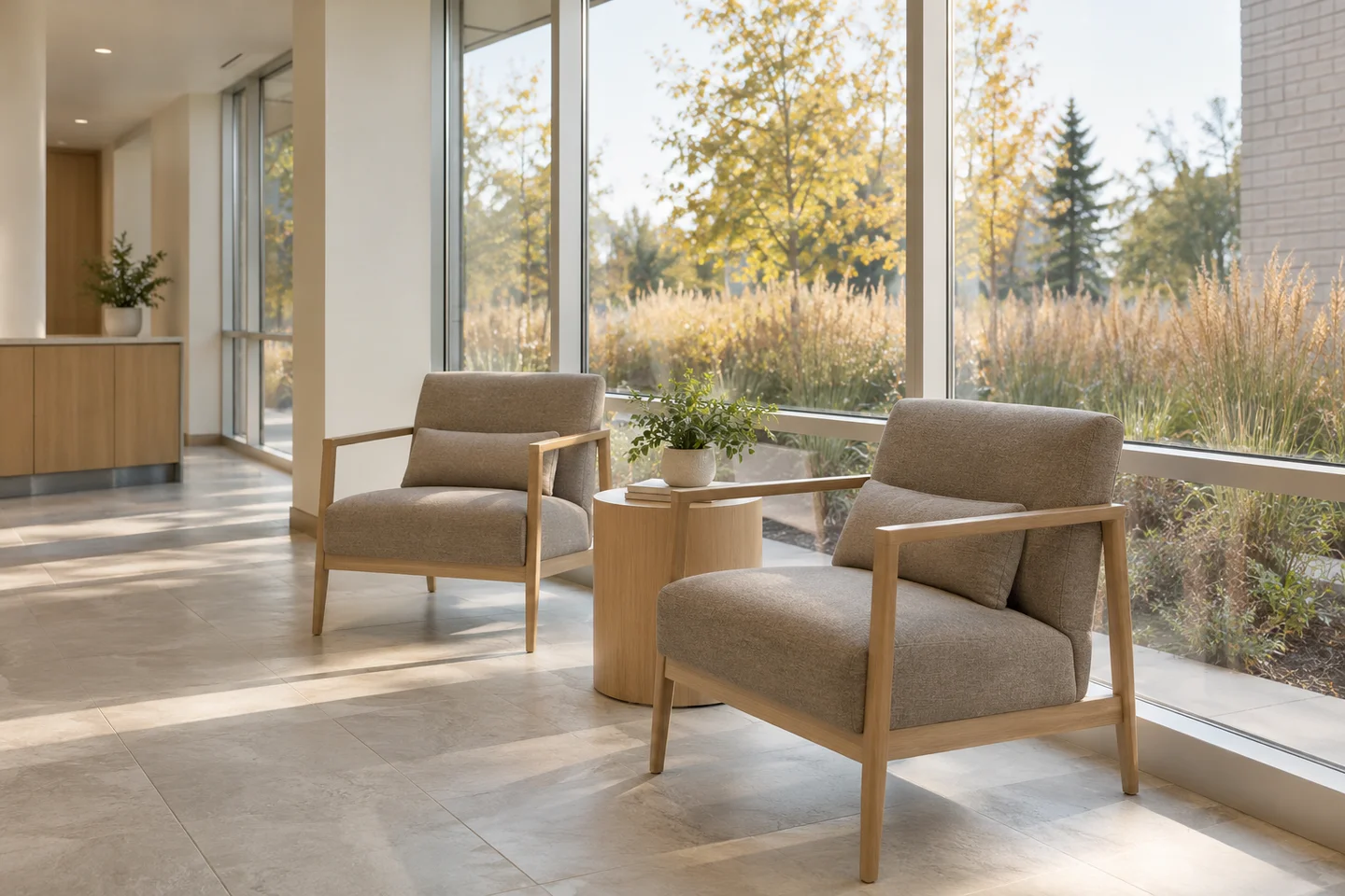 Generated view of taupe upholstered oak chairs and a small table beside broad silver-framed windows