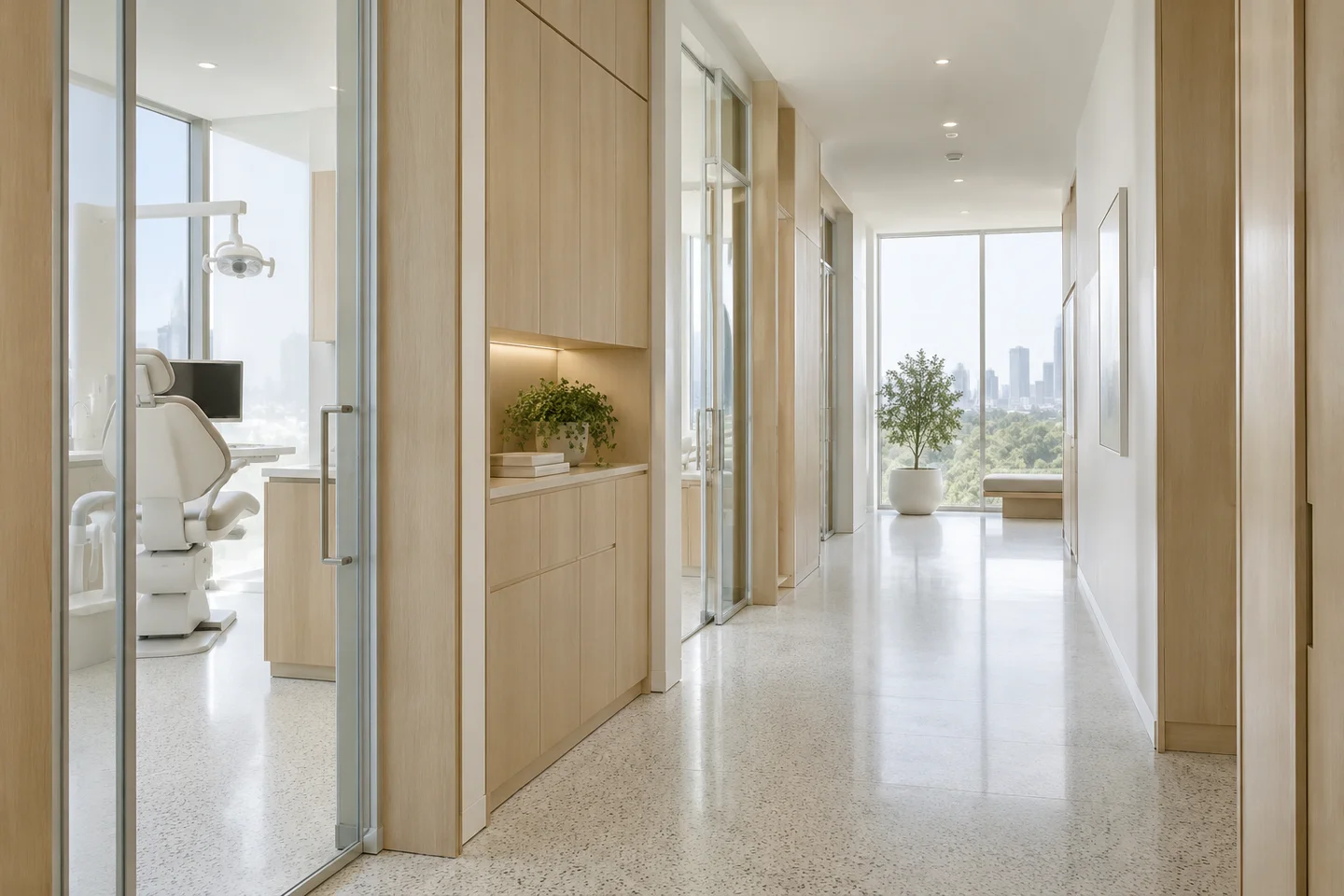 Generated view of a white plaster clinic corridor with pale oak doors, brushed aluminium frames and pale terrazzo flooring