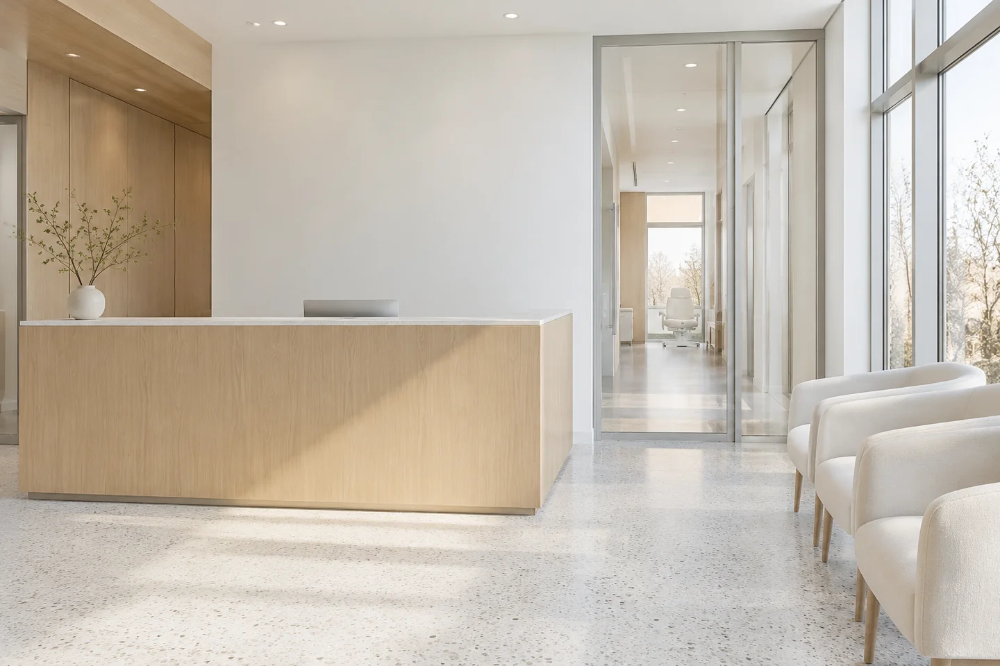 Generated view of a pale oak reception counter, cream chairs, white plaster and slim aluminium-framed glazing