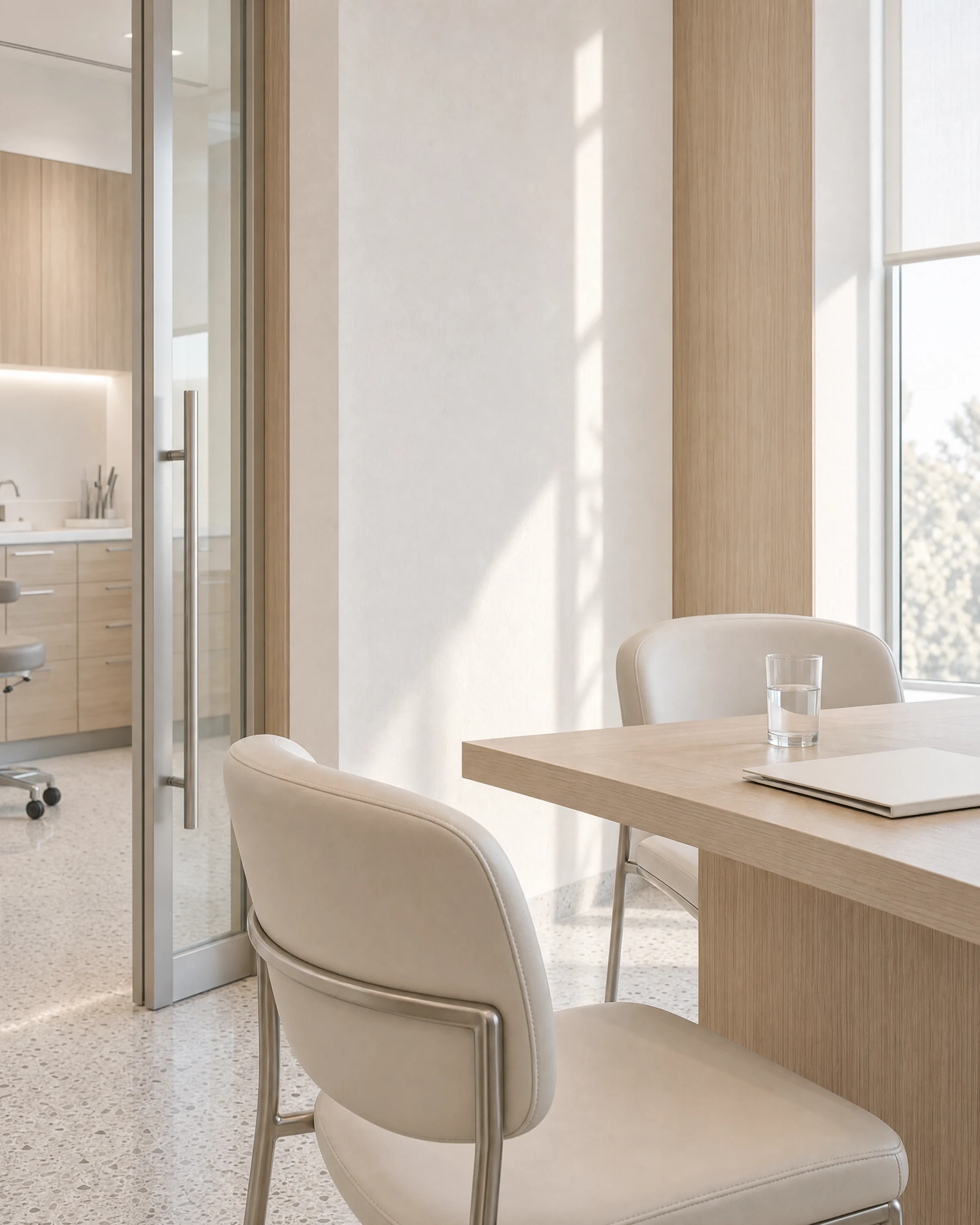 Generated consultation corner in the same clinic with cream chairs, a pale oak table and brushed aluminium doorway beside a white plaster wall