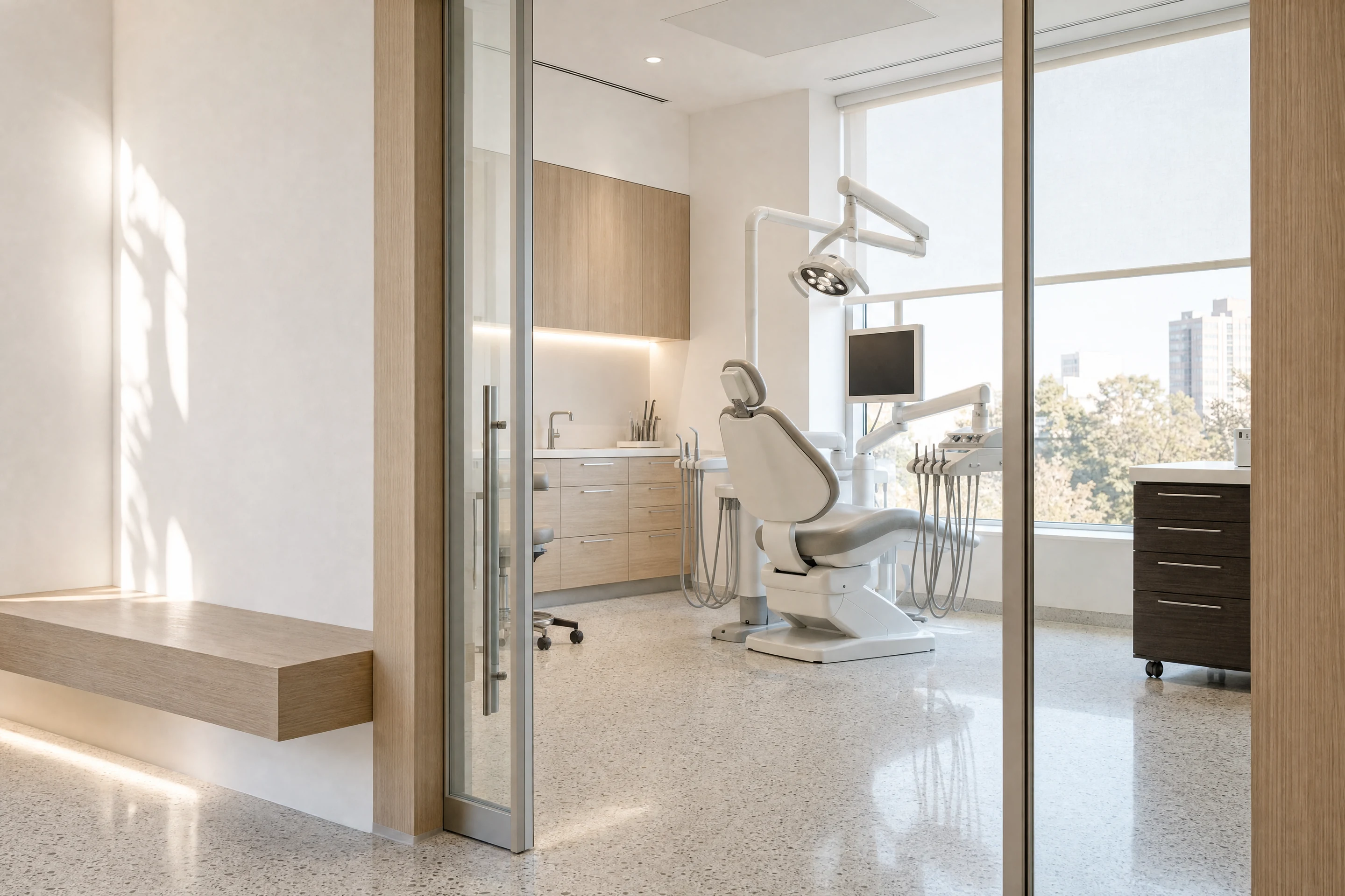 Generated architectural view through a glass doorway into a bright dental treatment room with an off-white dental chair, pale oak cabinetry and brushed aluminium frames
